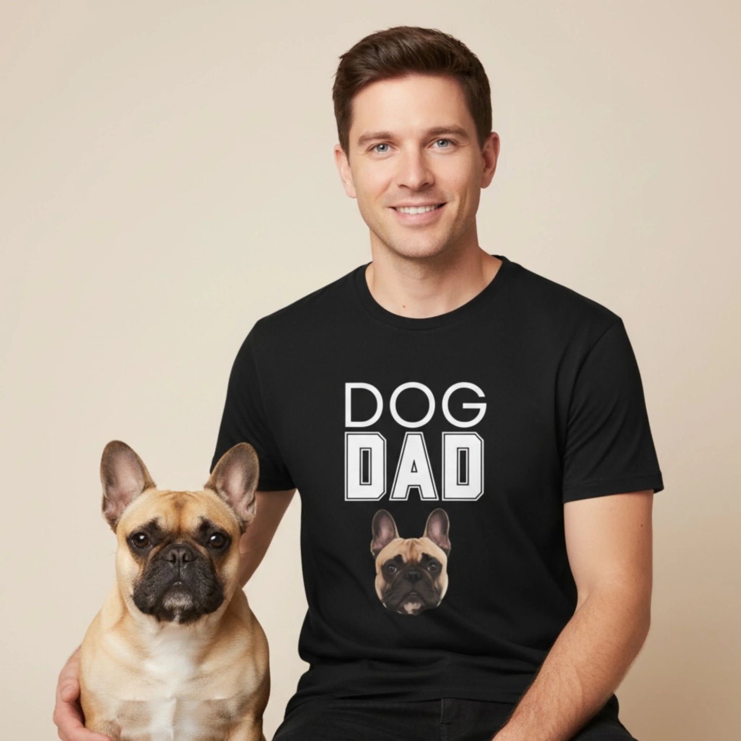 Custom Dog Tee Shirt, Dog Dad, lifestyle scene with person and dog