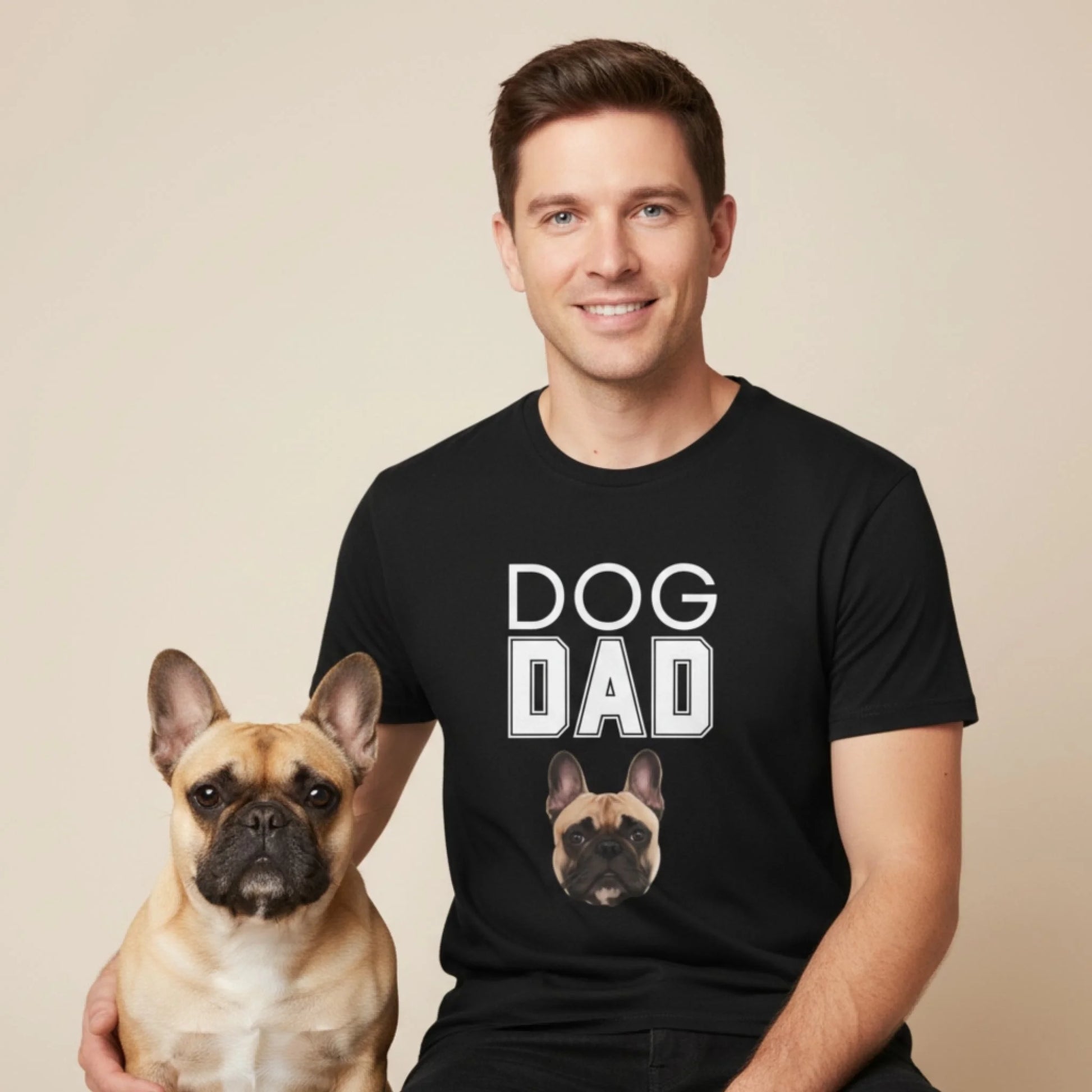Custom Dog Tee Shirt, Dog Dad, lifestyle scene with person and dog