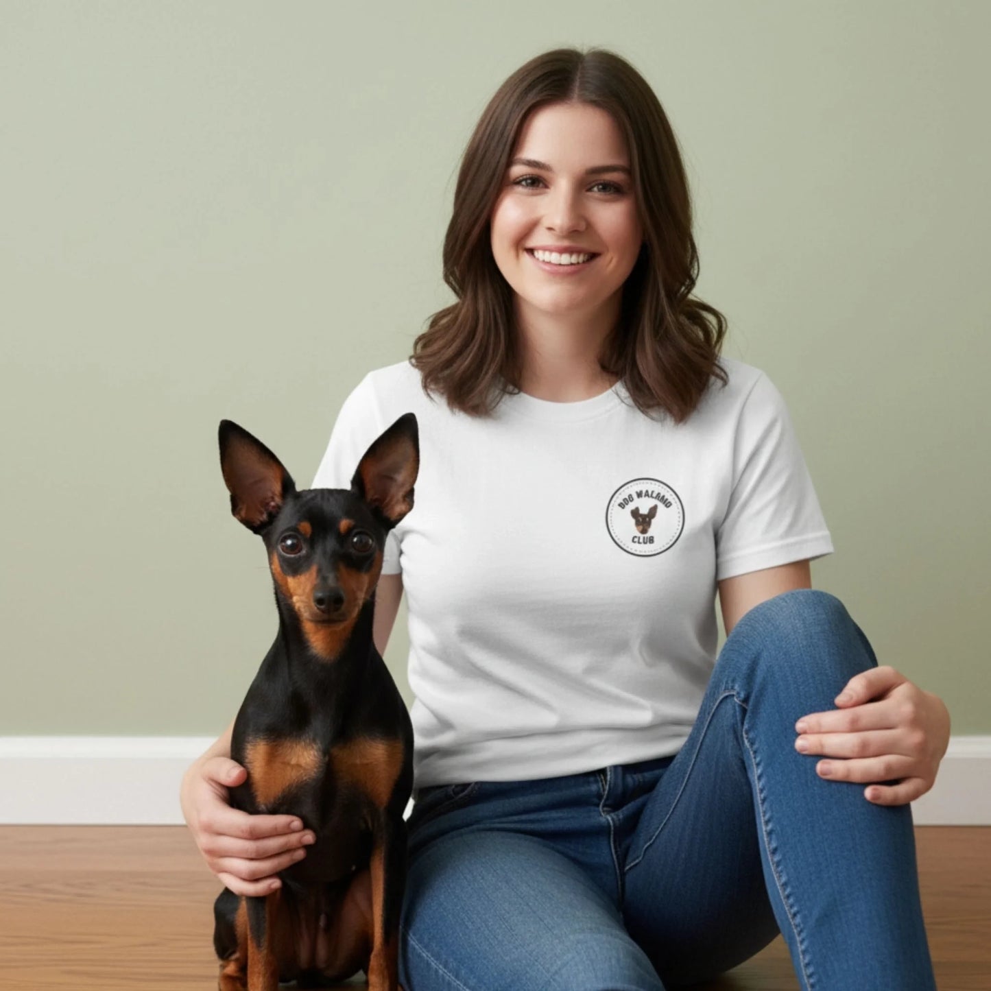 Custom Dog Tee Shirt, Dog Walking Club, lifestyle scene with person and dog