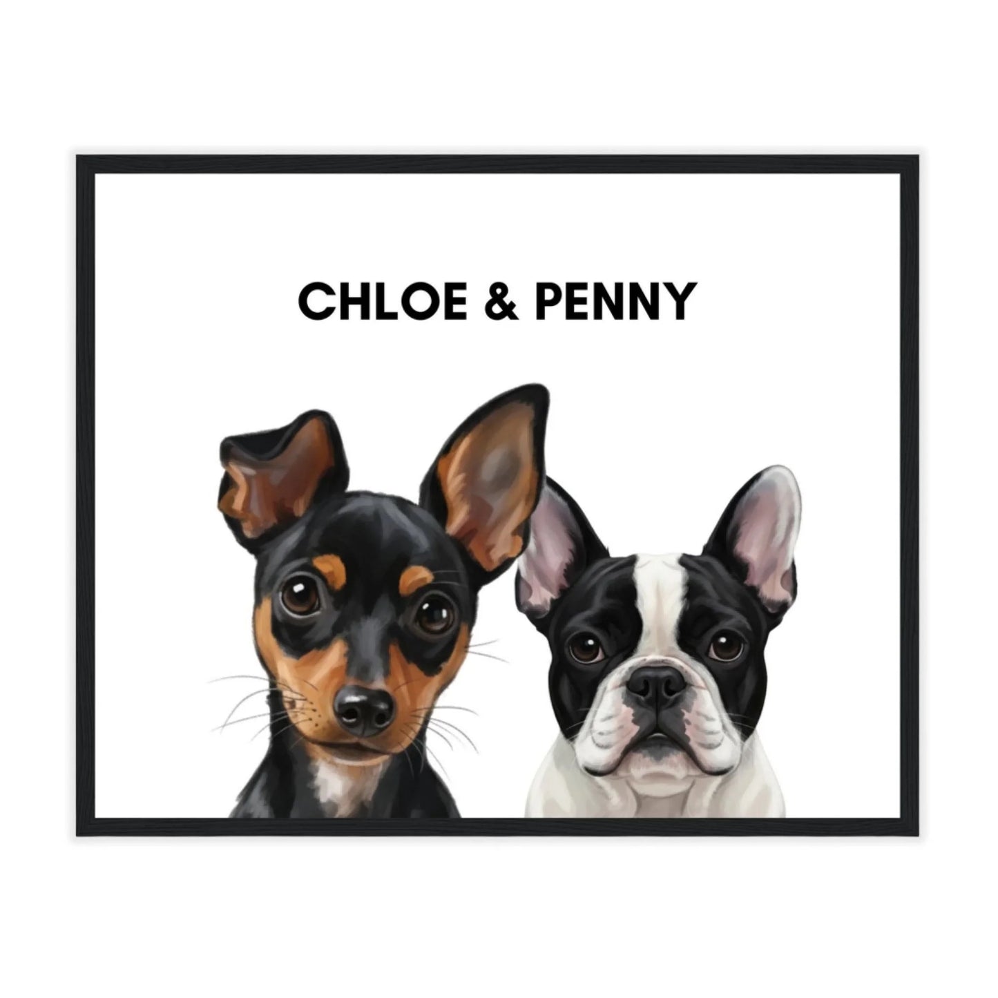Painted dog portrait poster with black frame featuring two pets, modern décor
