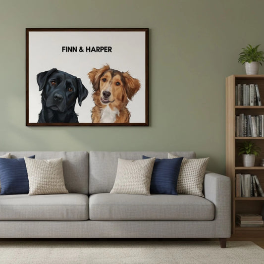Painted dog portrait poster with two pets in a stylish lifestyle room setting