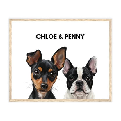 Natural brown frame painted dog portrait poster with two pets, warm décor style