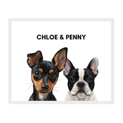 White frame painted dog portrait poster with two pets, bright modern décor