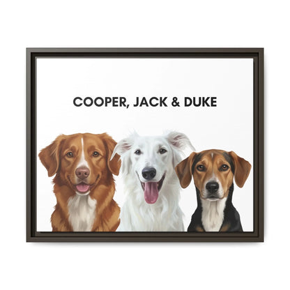 Painted dog portrait canvas with dark brown frame featuring three pets
