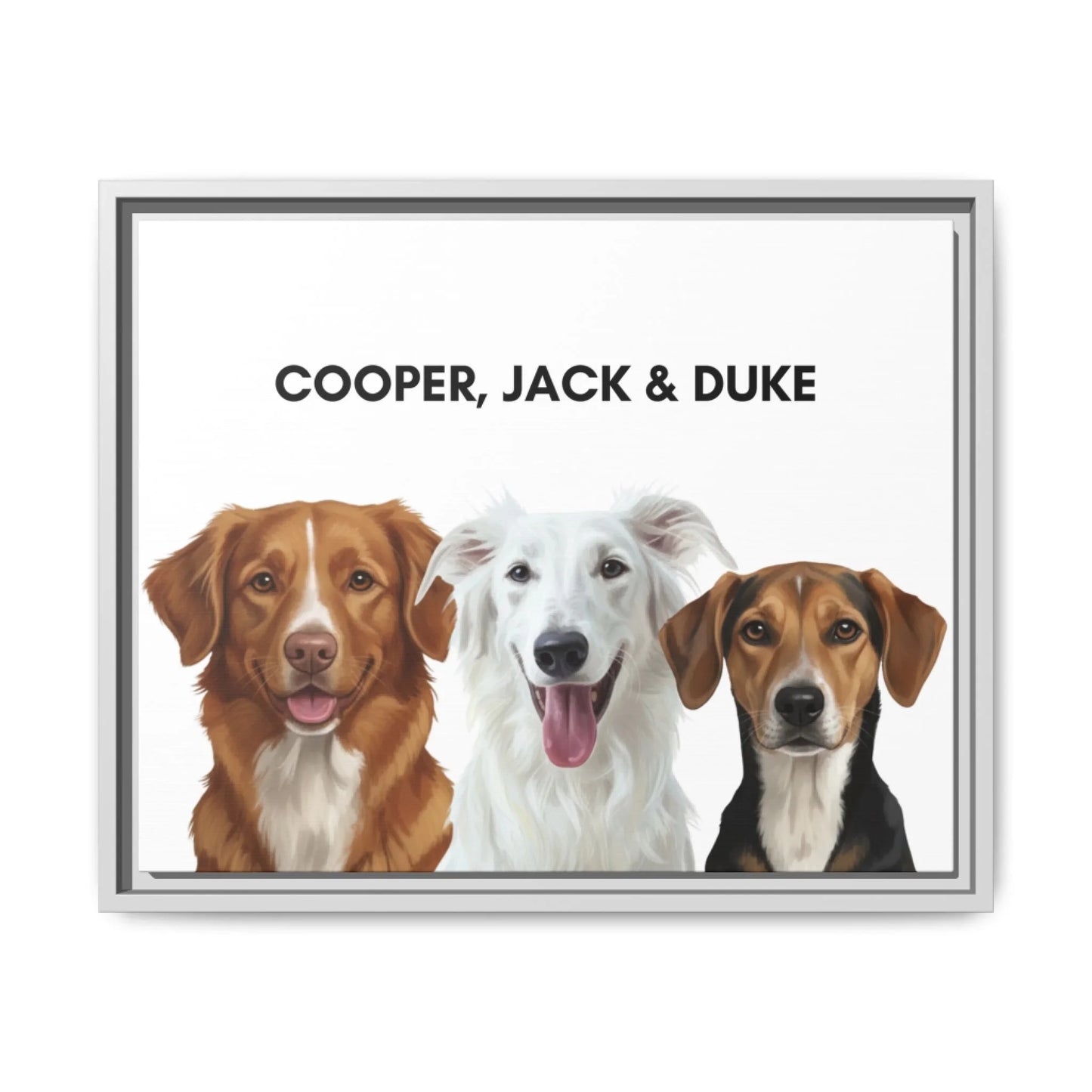 White frame painted dog portrait canvas with three pets, bright modern décor