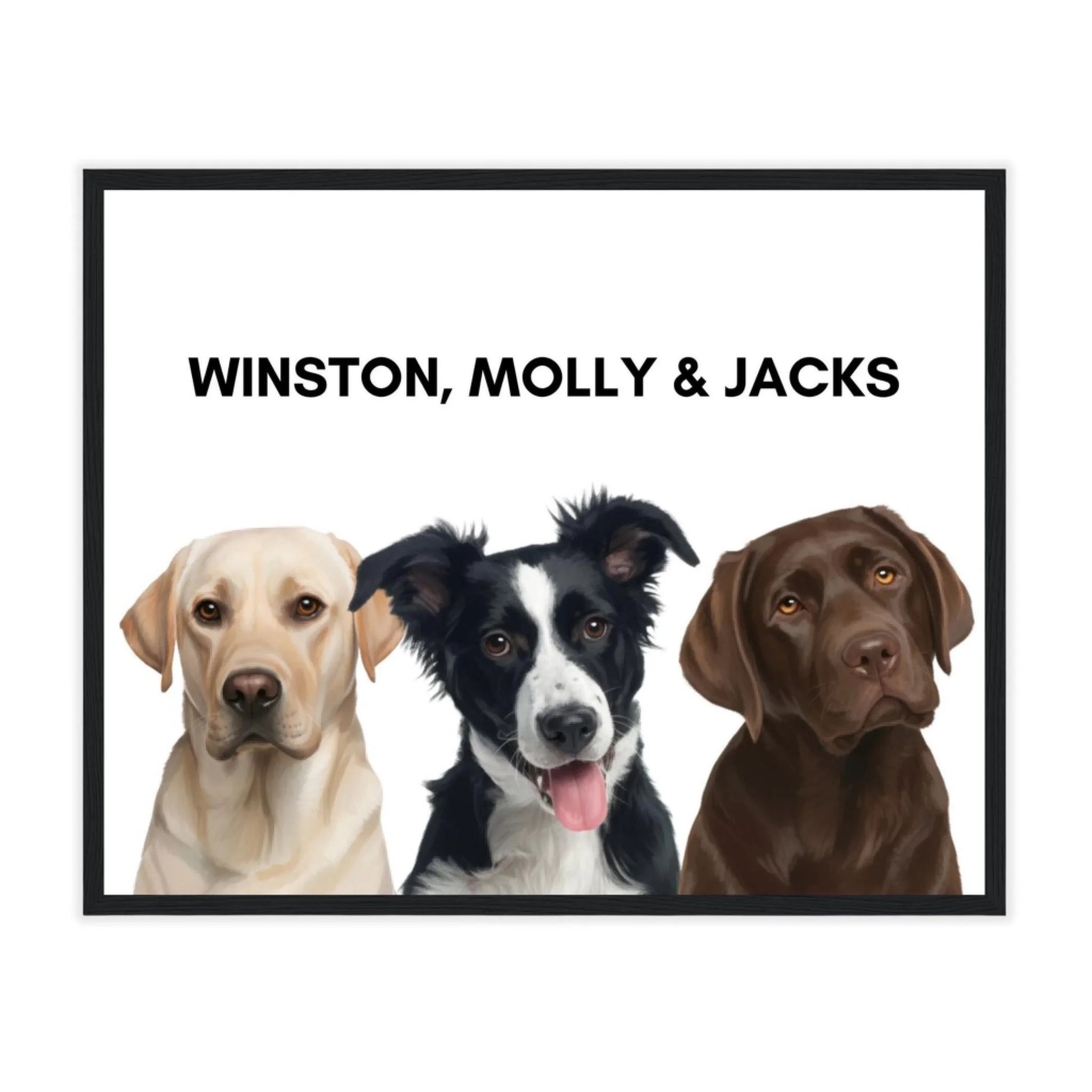 Painted dog portrait poster with black frame featuring three pets, modern décor