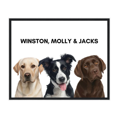Painted dog portrait poster with black frame featuring three pets, modern décor