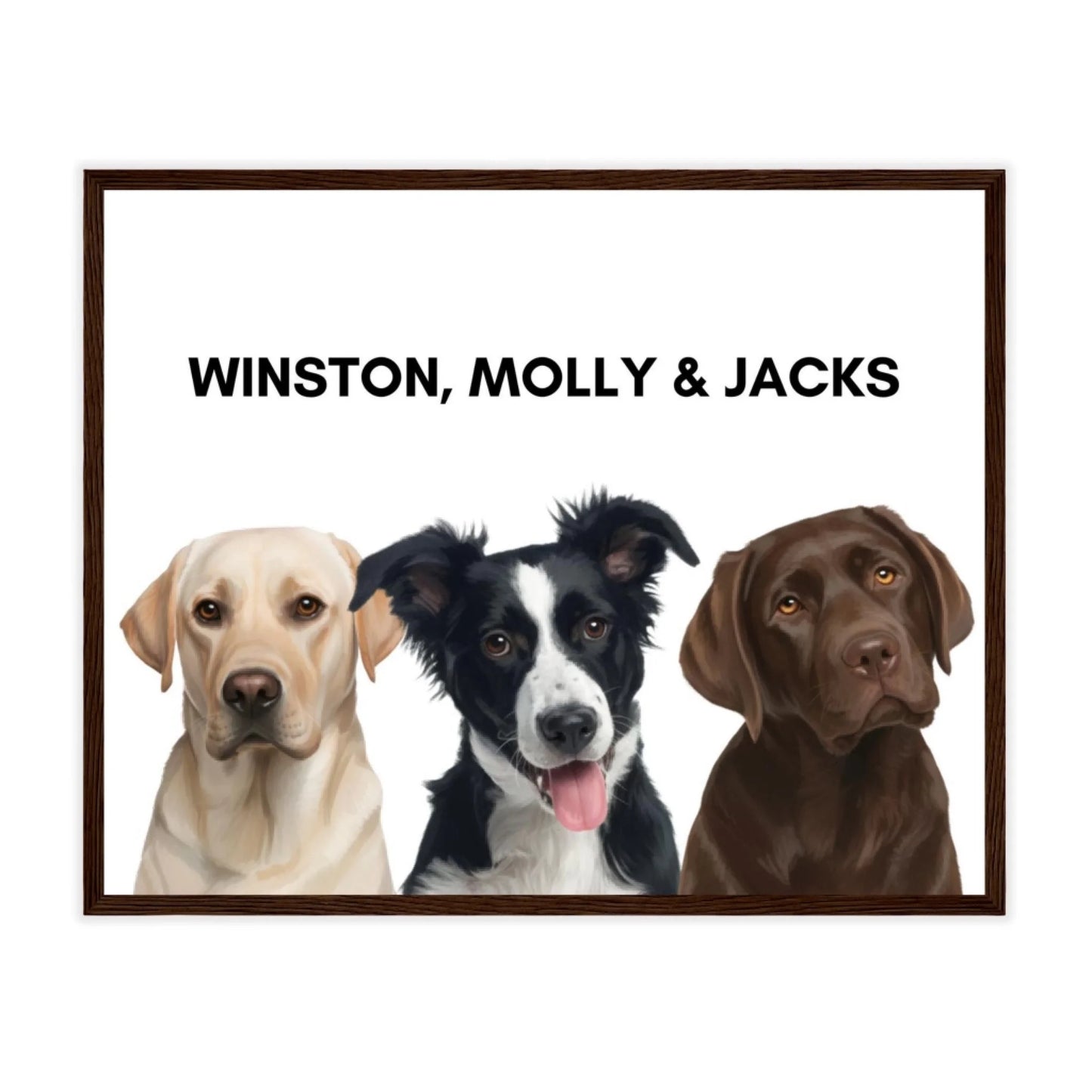 Painted dog portrait poster with dark brown frame featuring three pets
