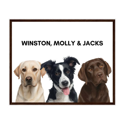 Painted dog portrait poster with dark brown frame featuring three pets