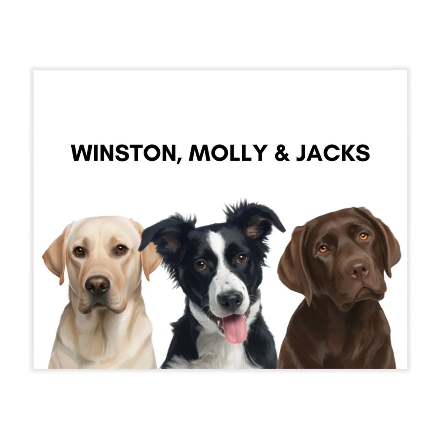 Digital download painted dog portrait poster featuring three pets