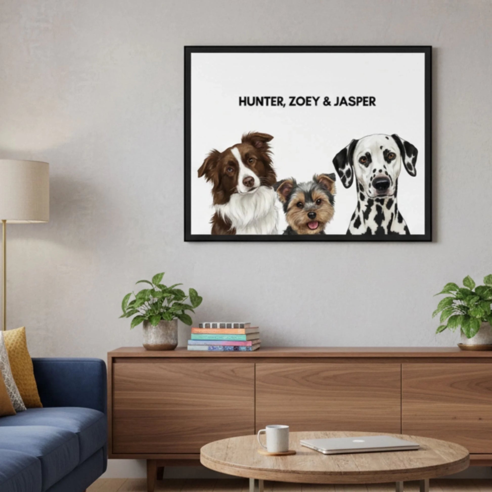 Painted dog portrait poster with three pets in a stylish lifestyle room setting