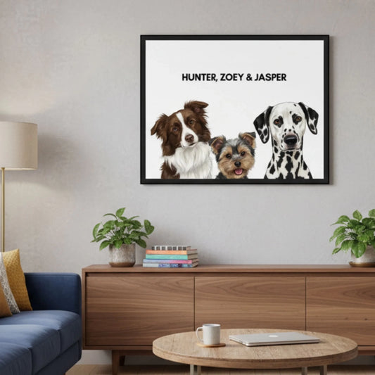 Painted dog portrait poster with three pets in a stylish lifestyle room setting