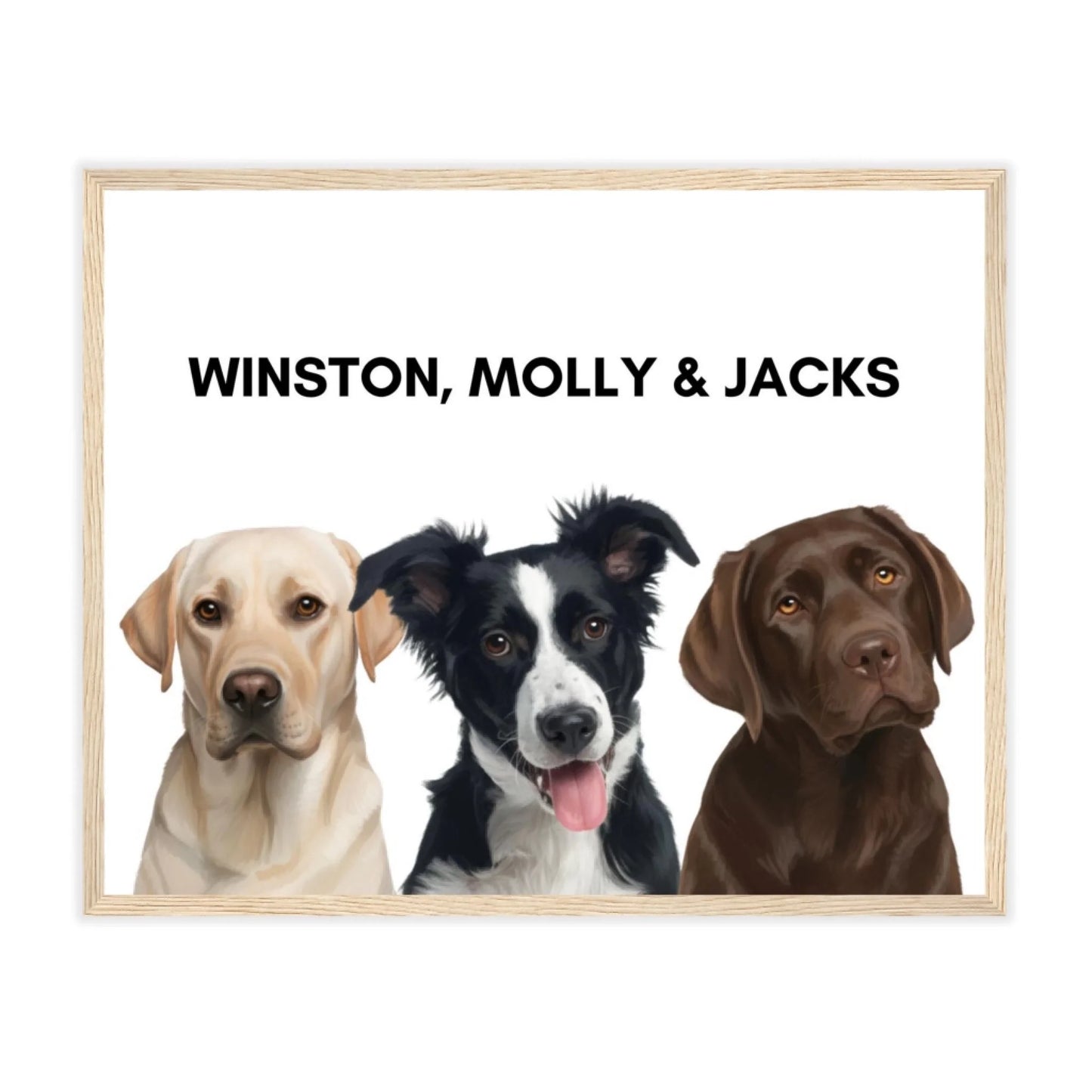 Natural brown frame painted dog portrait poster with three pets, warm décor style