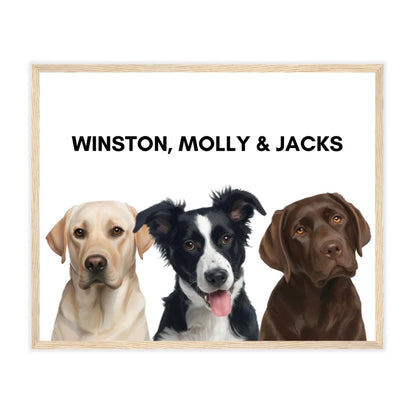 Natural brown frame painted dog portrait poster with three pets, warm décor style