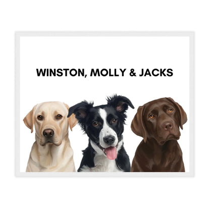White frame painted dog portrait poster with three pets, bright modern décor